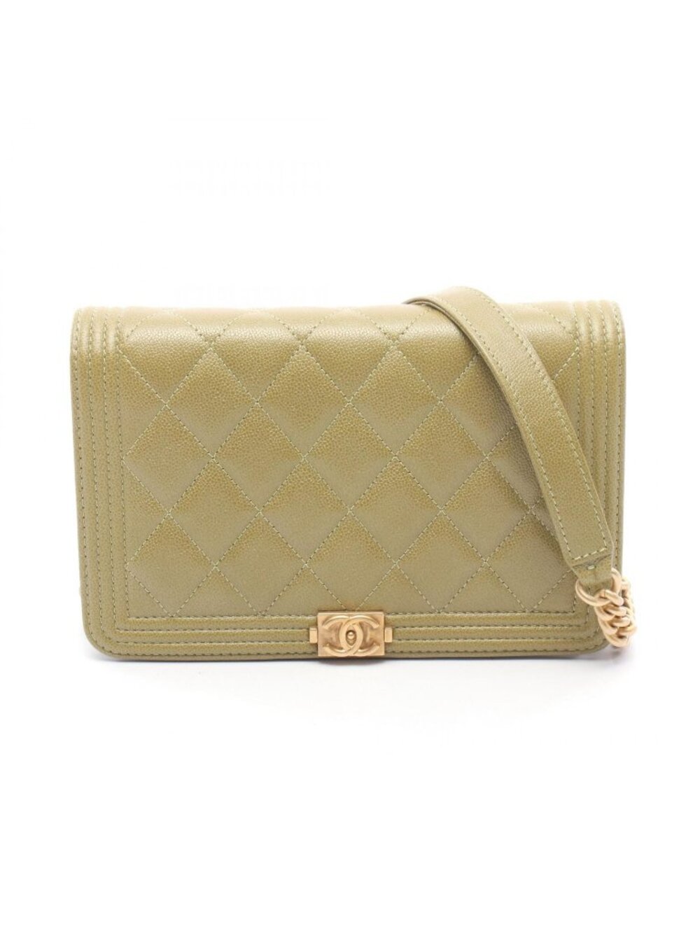Chanel Shoulder Bag Boy Quilted Yellow Brown Caviar Leather Boy Chain Wallet